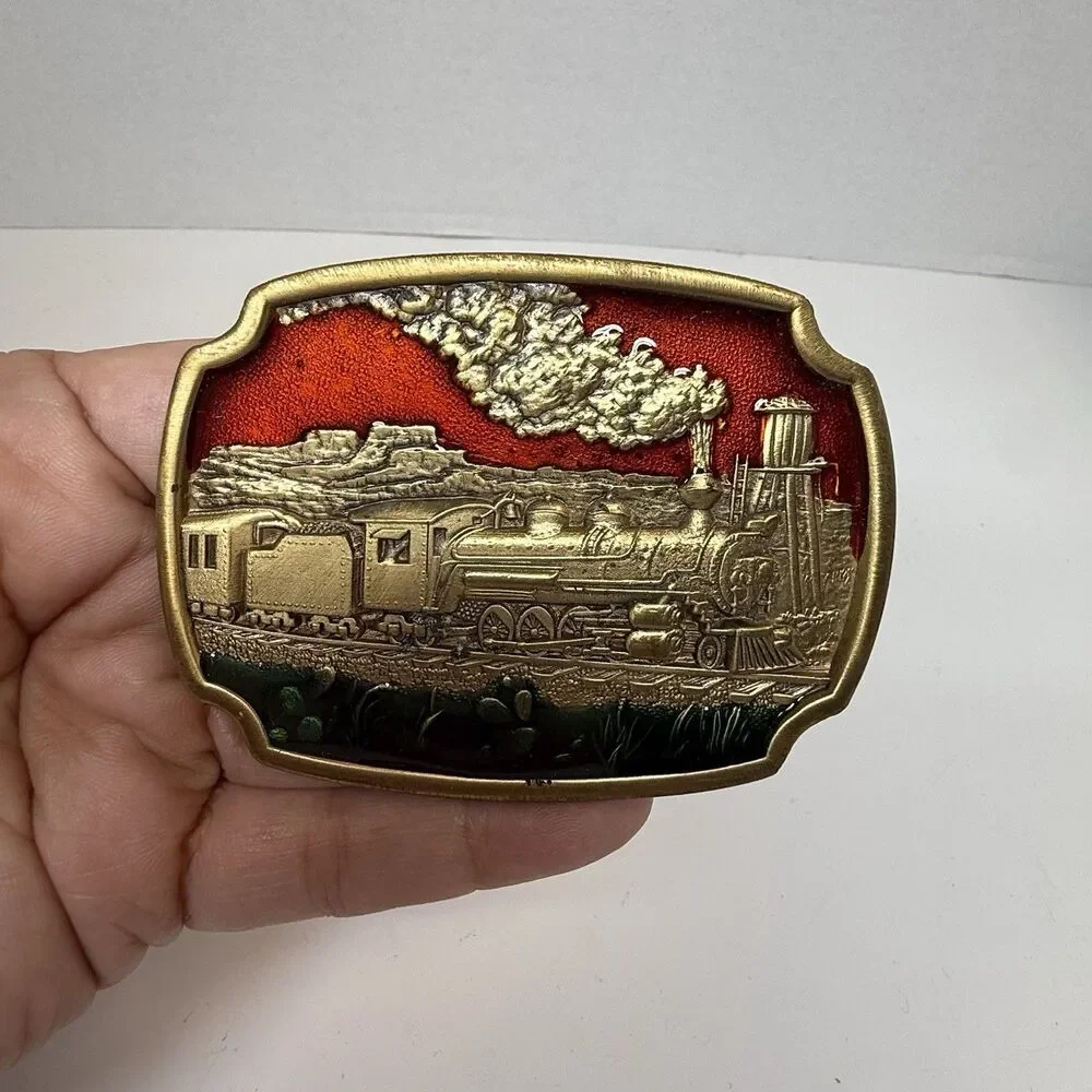 Vintage Koleaco Steam Locomotive Train Brass & Enamel Belt Buckle In Orginal Box